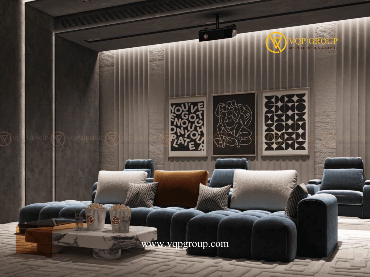 Bàn trà và nội thất Home Cinema The Mansions ParkCity Hanoi với bỏng ngô và sofa lounge