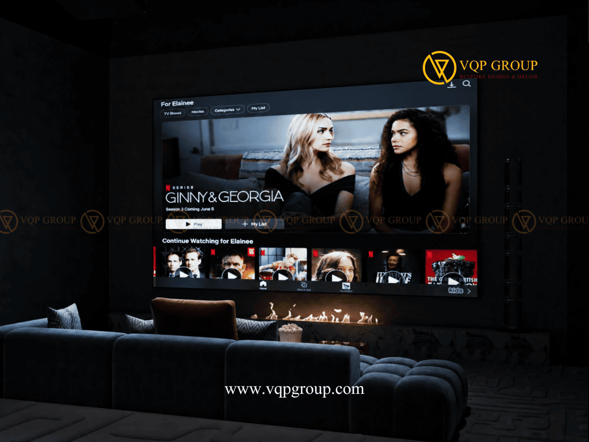Cinema Mode Home Cinema biệt thự The Mansions ParkCity Hanoi với màn hình lớn và không gian tối
