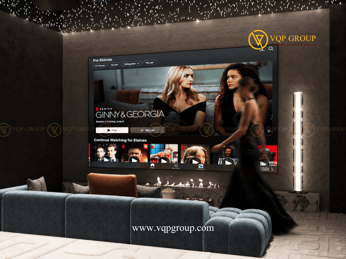 Màn hình lớn fireplace và trần ánh sao Home Cinema The Mansions ParkCity Hanoi
