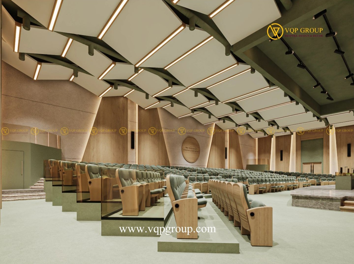 Lối đi và hệ ghế hội trường trường quốc tế với thiết kế âm học hiện đại