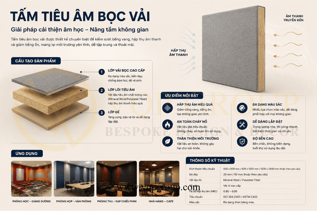 Cấu tạo tấm tiêu âm bọc vải với lớp vải lõi tiêu âm và lớp đế