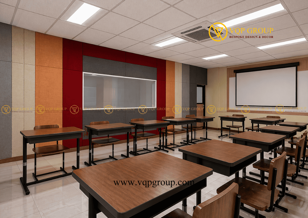 Lớp học hiện đại với tấm tiêu âm bọc vải nhiều màu