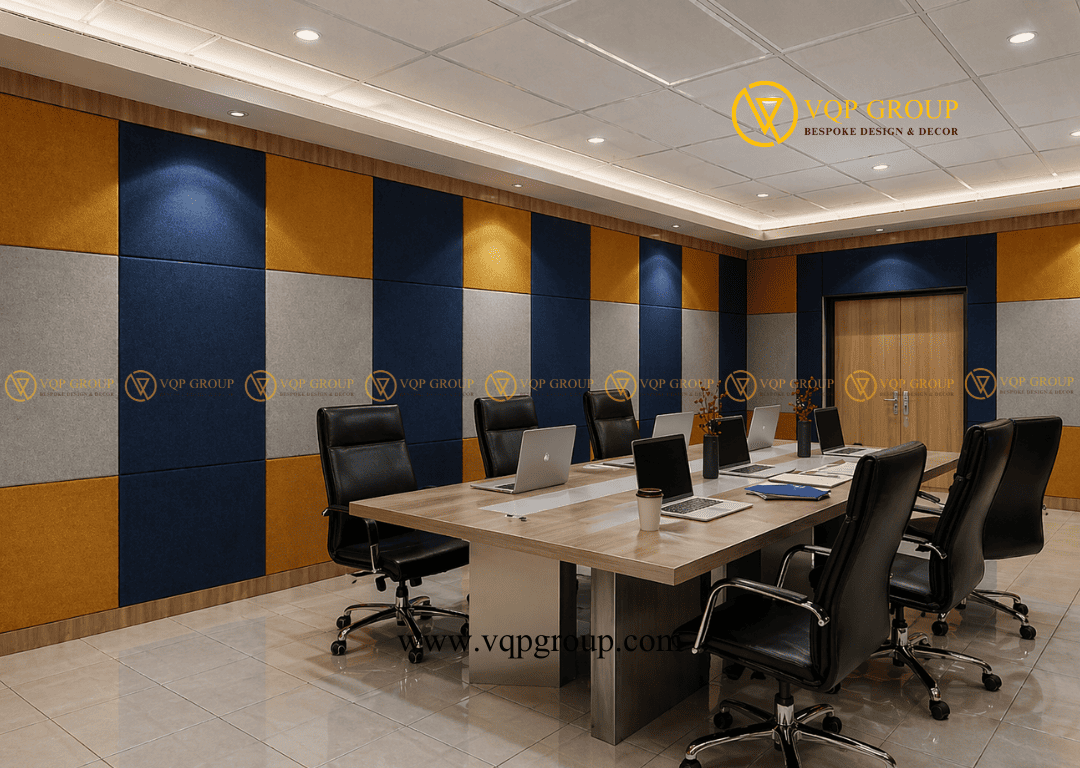 Phòng họp văn phòng sử dụng panel tiêu âm bọc vải xanh vàng xám