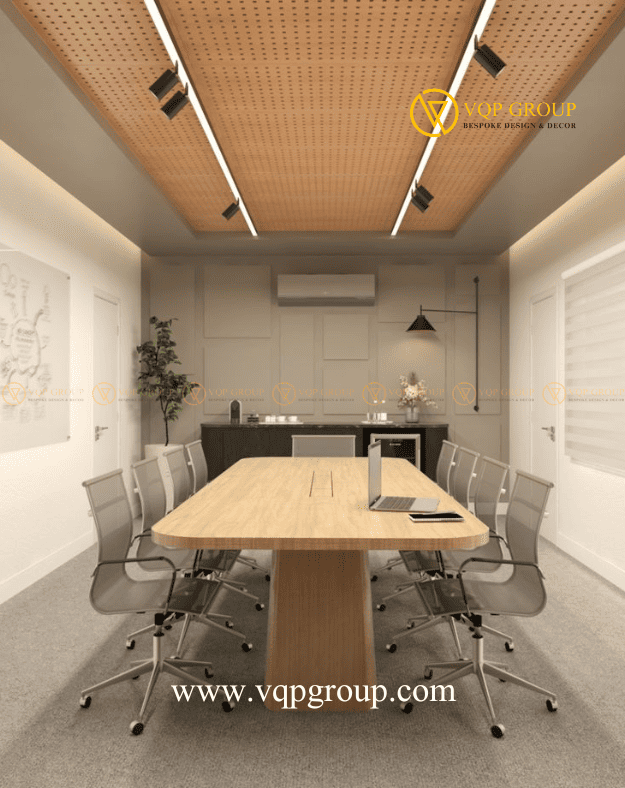 Góc đối diện phòng họp với trần Acoustic Wood và khu pantry văn phòng