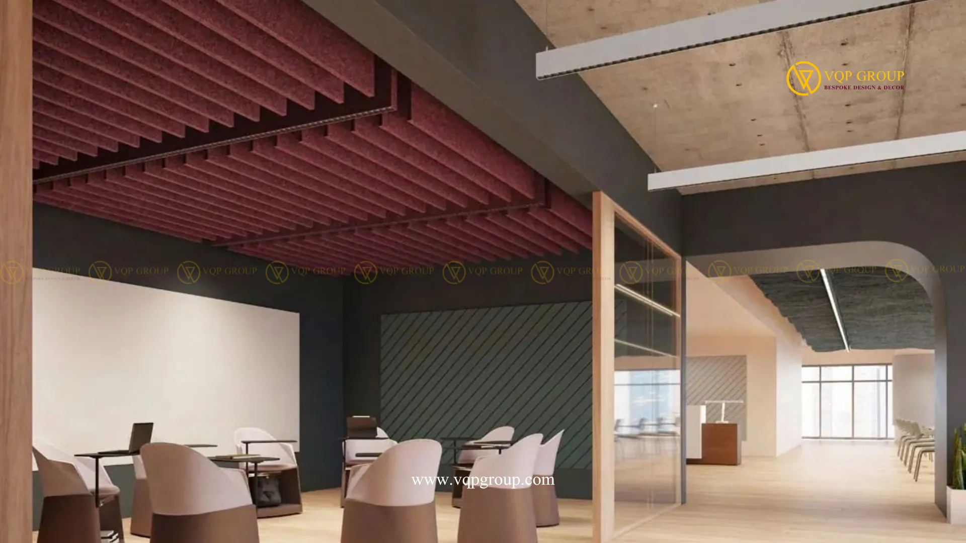 Giải pháp tiêu âm khu cộng tác bằng acoustic baffle PET kết hợp chiếu sáng