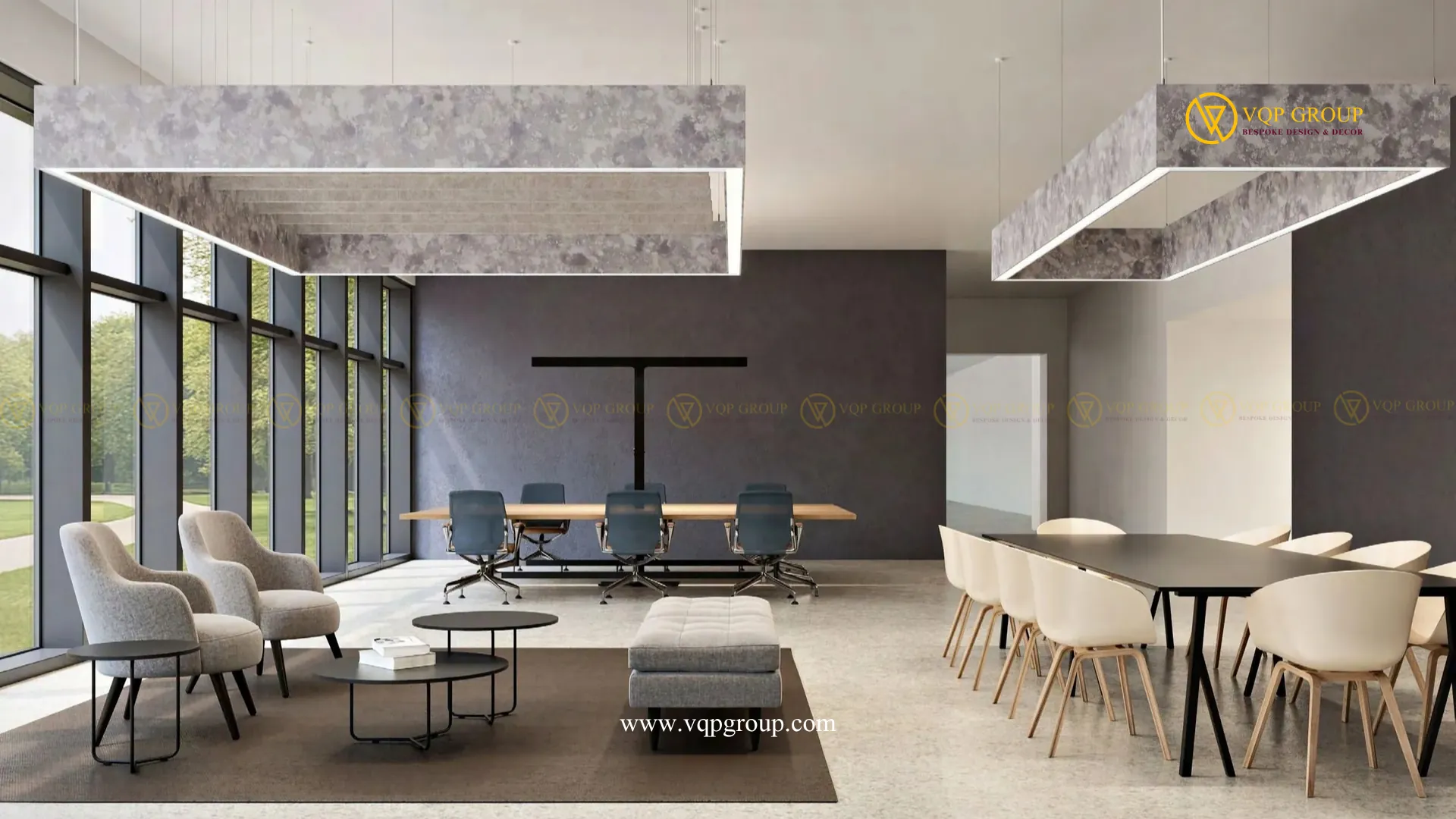 Ceiling cloud PET cho khu cộng tác cạnh phòng họp kính văn phòng