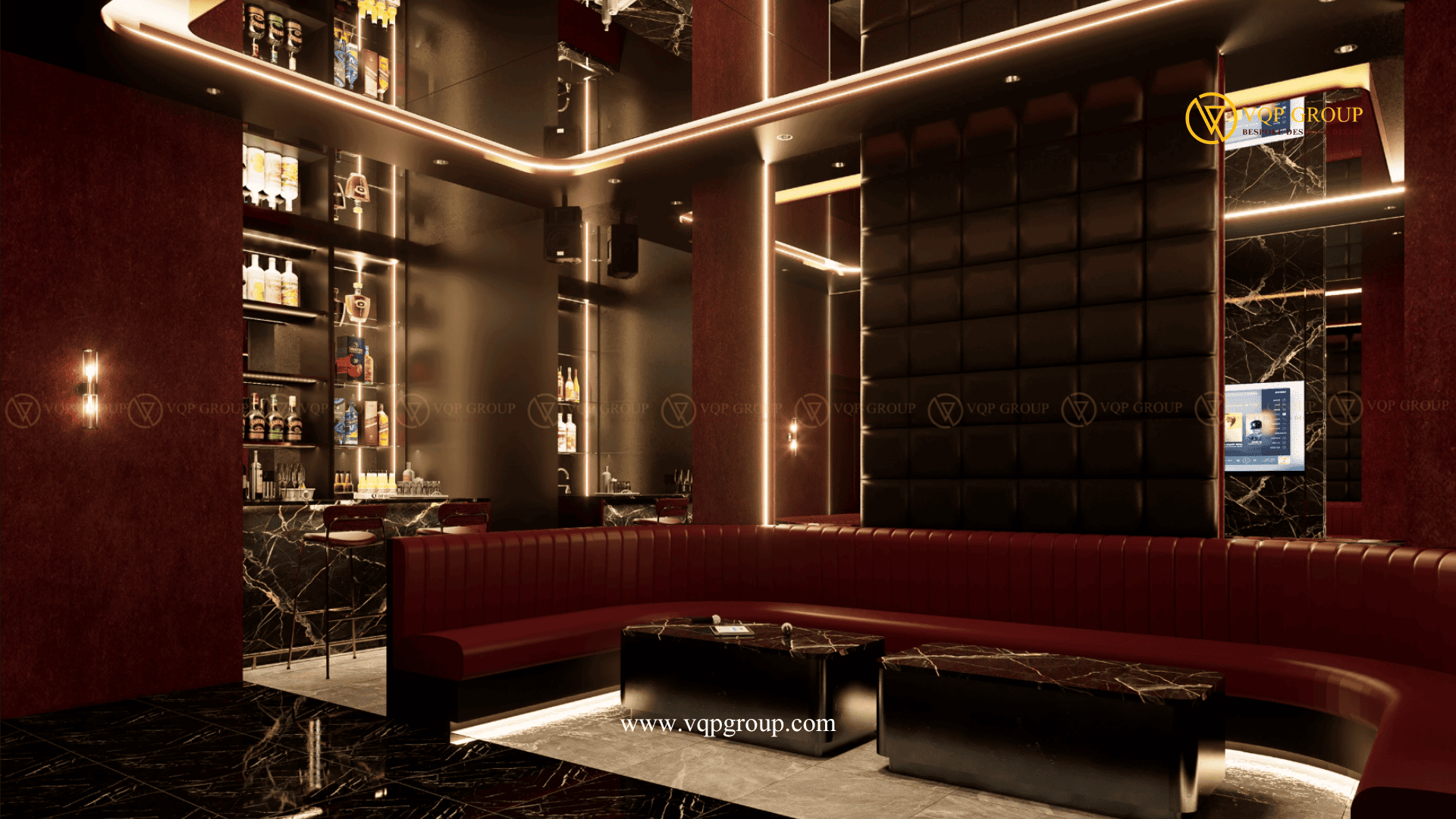 Thiết kế ánh sáng phòng karaoke Vinhome Riverside với sofa lounge và Private Bar