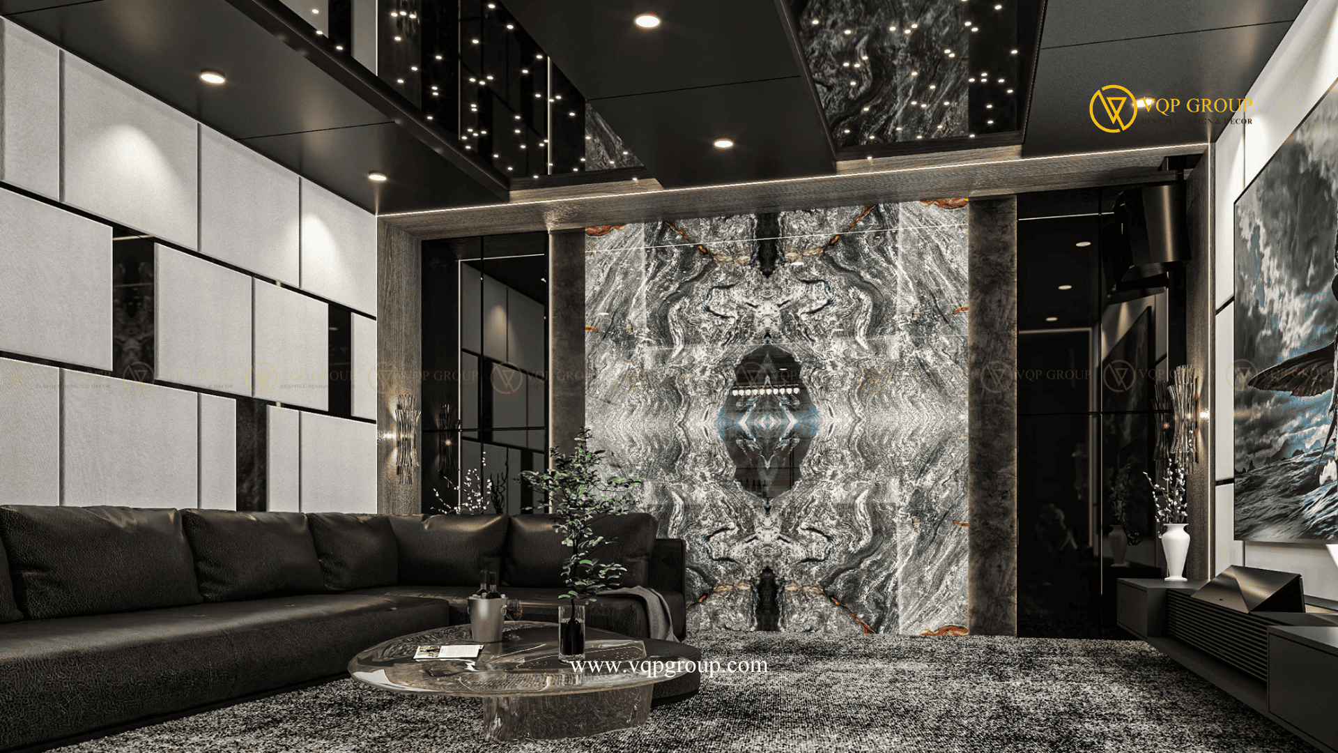 Mảng đá vân đối xứng Luxury Home Entertainment Vinhomes Green Bay với sofa lounge