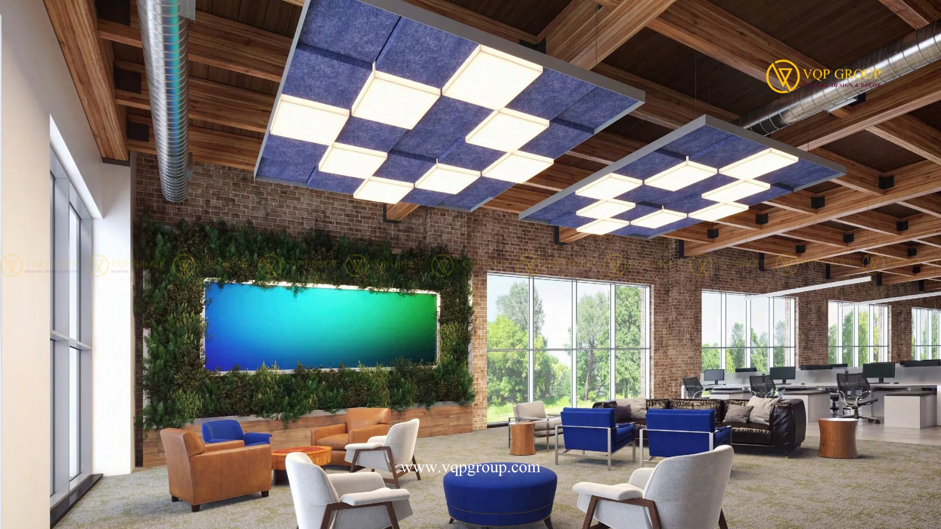 Ceiling cloud PET Acoustic kết hợp chiếu sáng tại khu chờ sảnh lễ tân