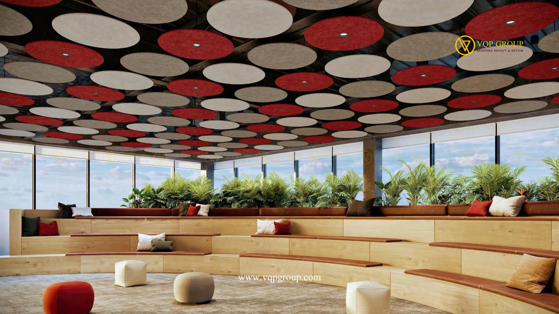 Ceiling cloud tròn PET Acoustic đa màu cho workshop và khu đào tạo