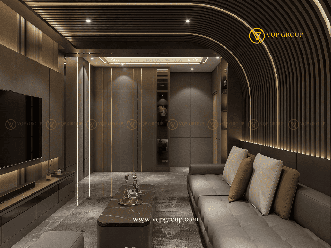 Chi tiết sofa hệ nan và artwork trong Entertainment Room cao cấp VQP GROUP
