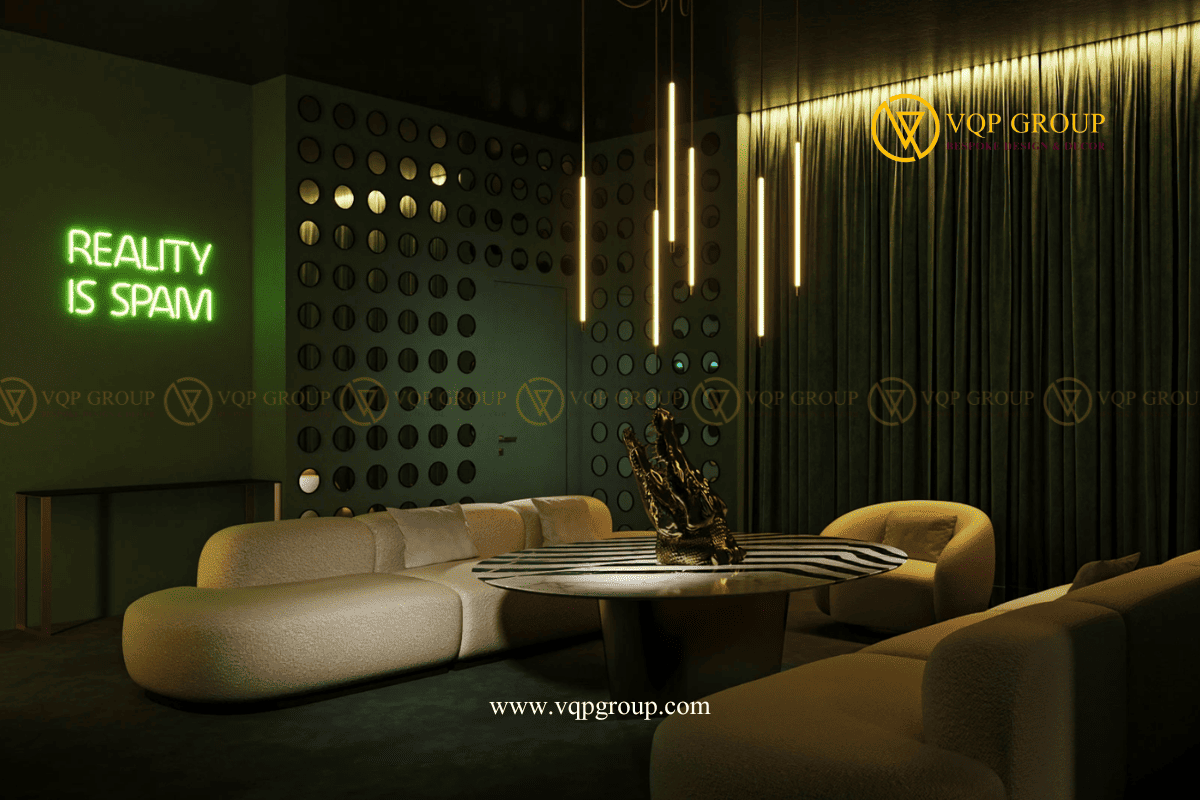 Không gian sofa xanh Emerald trong Emerald Noir Lounge Hà Nội