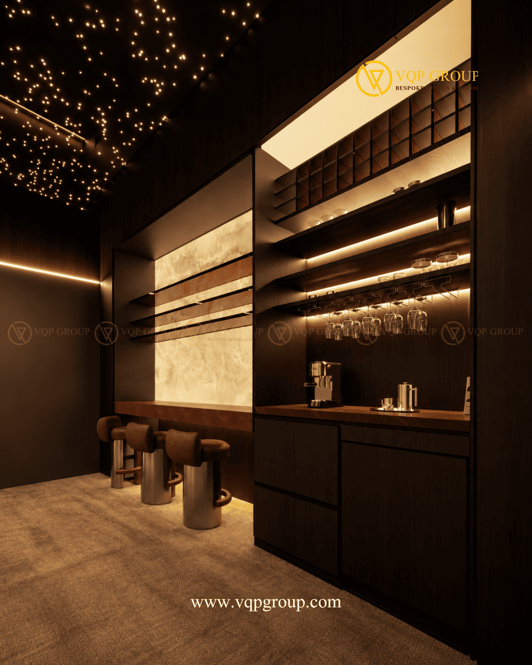 Entertainment Bar Home Cinema biệt thự Ngọc Trai Vinhomes Ocean Park với kệ ly và máy pha cafe