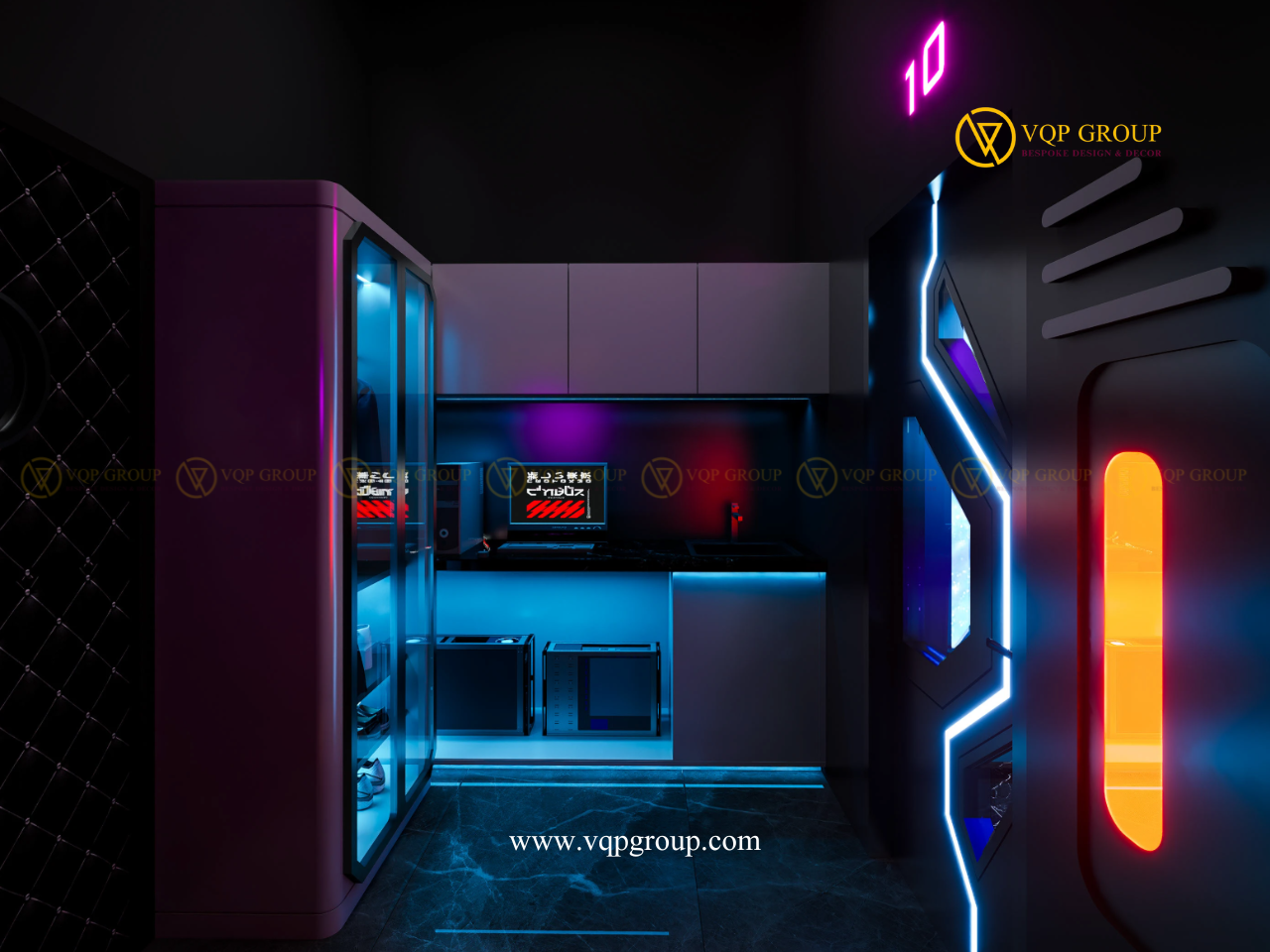 Khu equipment và workstation Neon Galaxy Private Karaoke Vinhomes The Harmony