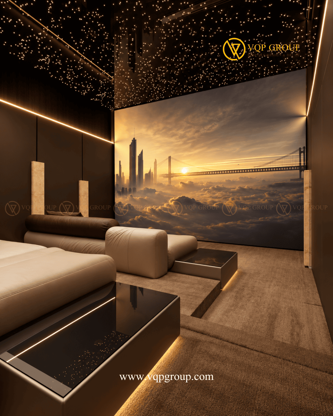 Family Lounge Home Cinema biệt thự Ngọc Trai với sofa cao cấp và trần ánh sao