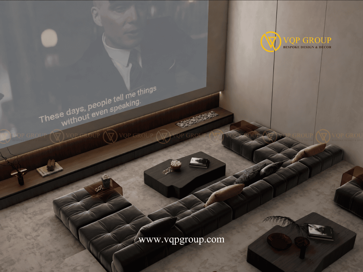 Fireplace dưới màn chiếu Home Cinema biệt thự Vinhomes Thăng Long