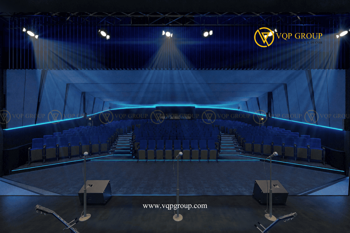 Toàn cảnh khán phòng Future Acoustic Auditorium nhìn từ sân khấu với hệ ghế xanh và ánh sáng cyan