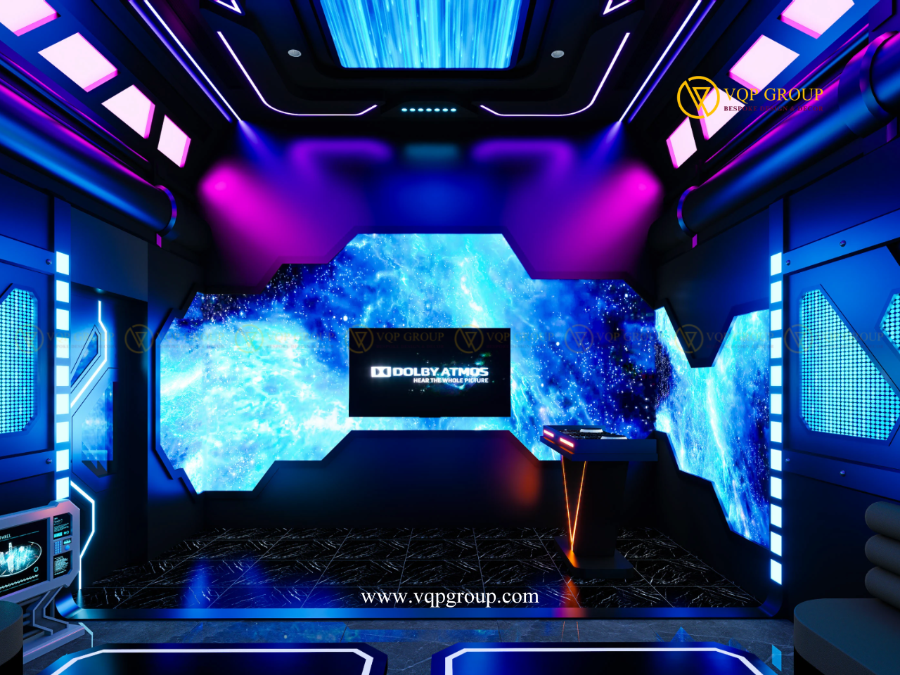 Galaxy Media Stage Neon Private Karaoke Vinhomes The Harmony với visual vũ trụ và ánh sáng cyan magenta