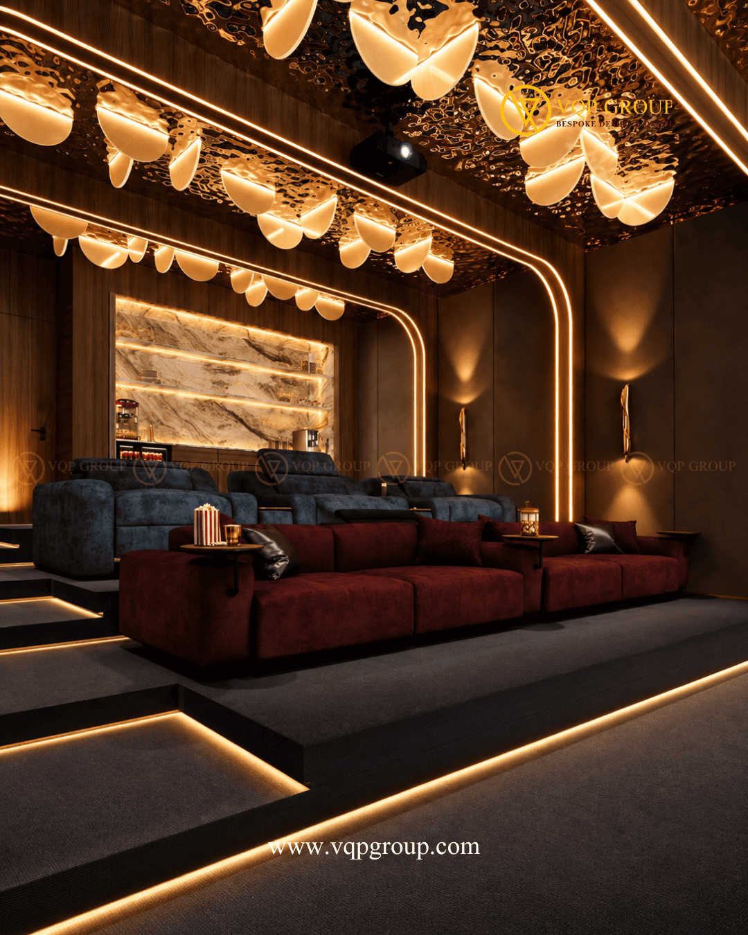 Ghế cinema và bục nâng trong Home Cinema biệt thự Splendora Bắc An Khánh