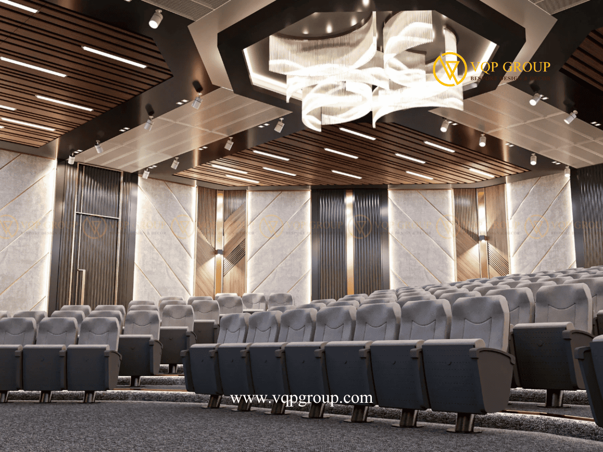 Ghế khán phòng và trần nan gỗ hội trường đa năng trường học Cầu Giấy