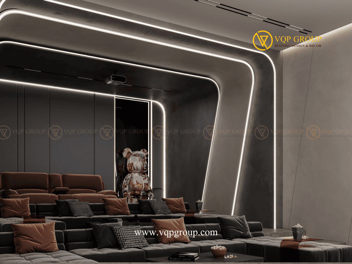 Ghế recliner và sofa Home Cinema Vinhomes Thăng Long với ánh sáng kiến trúc