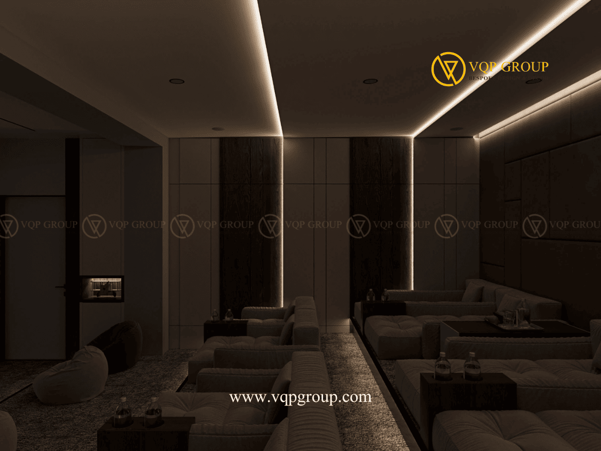 Góc nhìn bên Home Cinema The Botanica Vinhomes Gardenia với sofa nhiều tầng và panel tường