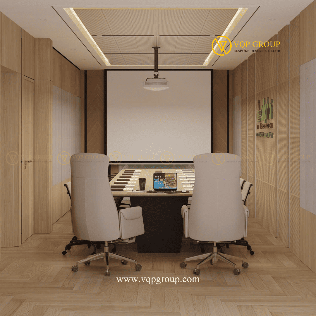 Góc nhìn từ vị trí chủ trì về màn hình phòng họp tiêu âm