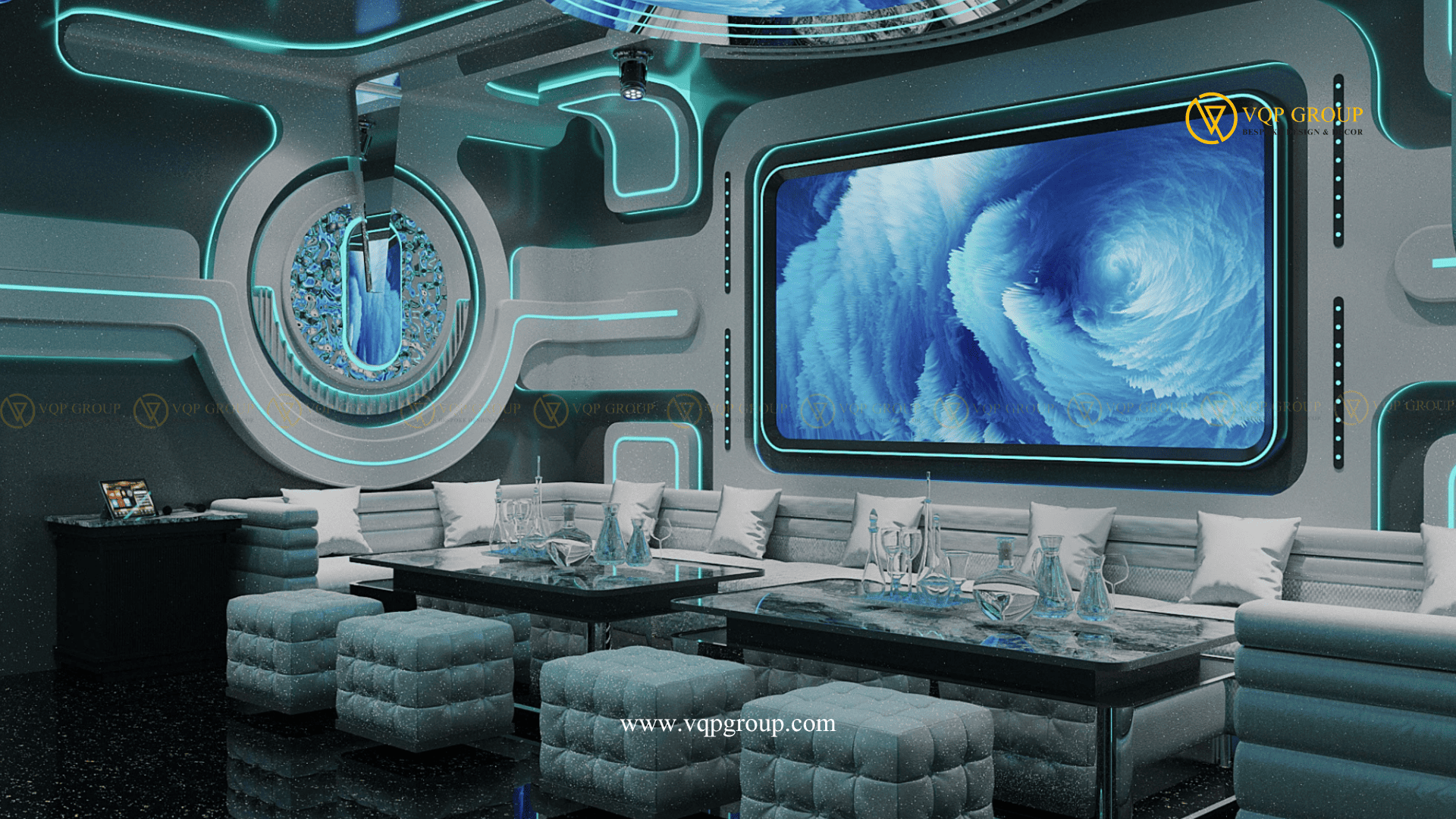 Góc phụ Aqua Future Private Karaoke Ocean Park 2 với sofa trắng màn hình lớn và ánh sáng cyan