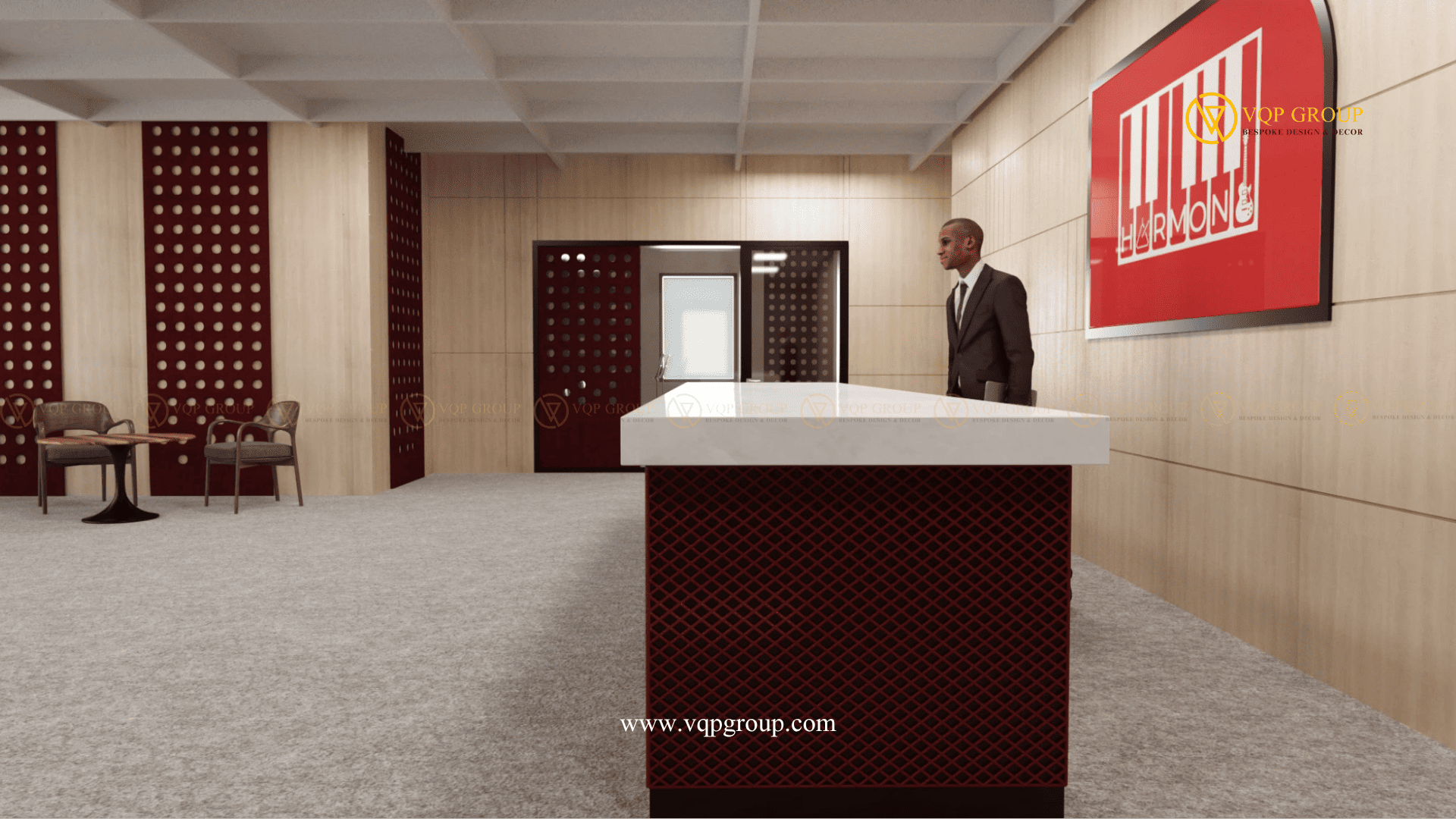 Góc phụ lễ tân trung tâm âm nhạc với panel burgundy và nội thất gỗ
