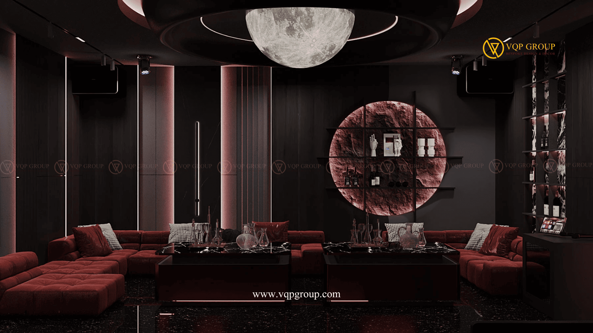 Góc phụ Lunar Private Karaoke Lounge Ciputra với media wall kệ đá và sofa burgundy
