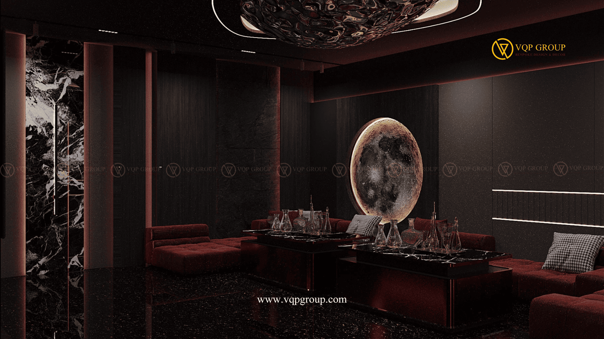 Góc phụ Private Karaoke Lounge biệt thự StarLake Tây Hồ Tây với sofa burgundy và moon feature