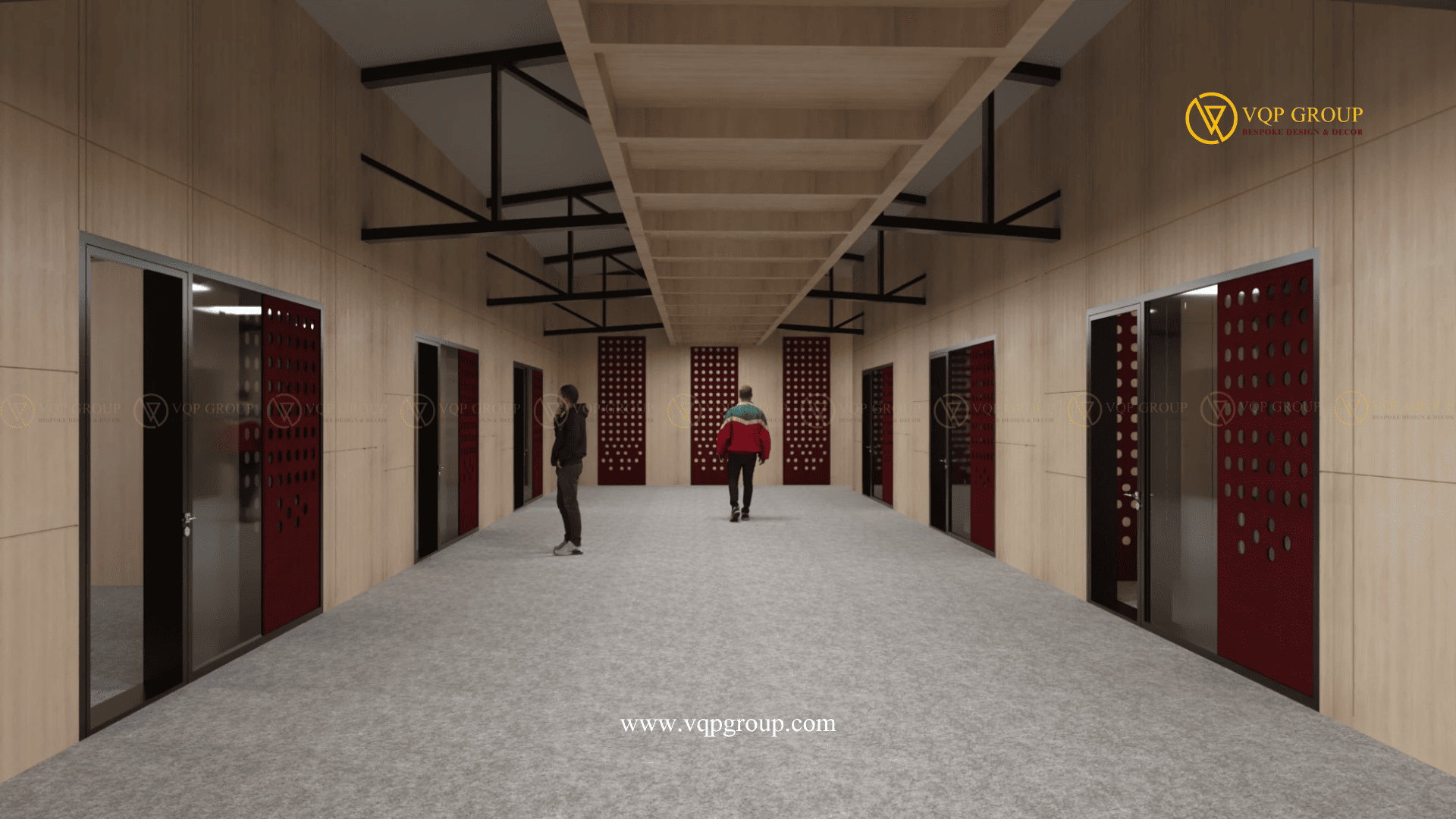 Hành lang khu phòng học âm nhạc với các panel PET Acoustic Burgundy
