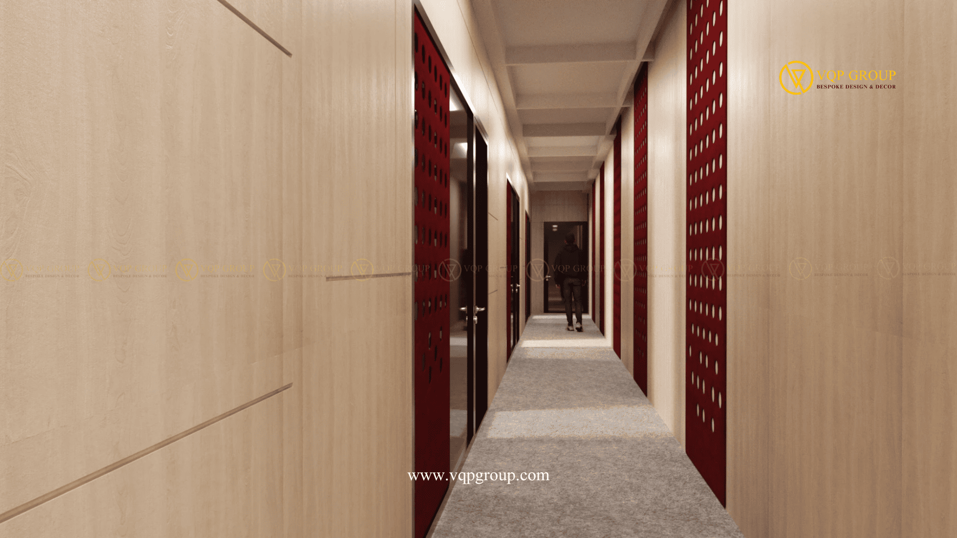 Hành lang phòng học nhạc kết hợp gỗ và PET Acoustic Burgundy
