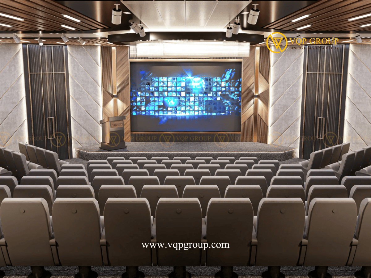 Hội trường đa năng trường học Cầu Giấy nhìn chính diện sân khấu và màn hình lớn
