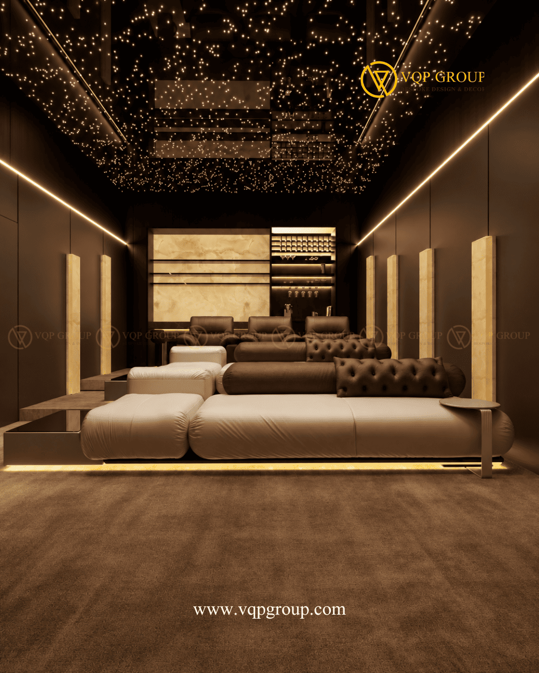 Home Cinema biệt thự Ngọc Trai Vinhomes Ocean Park với sofa nhiều tầng và trần ánh sao