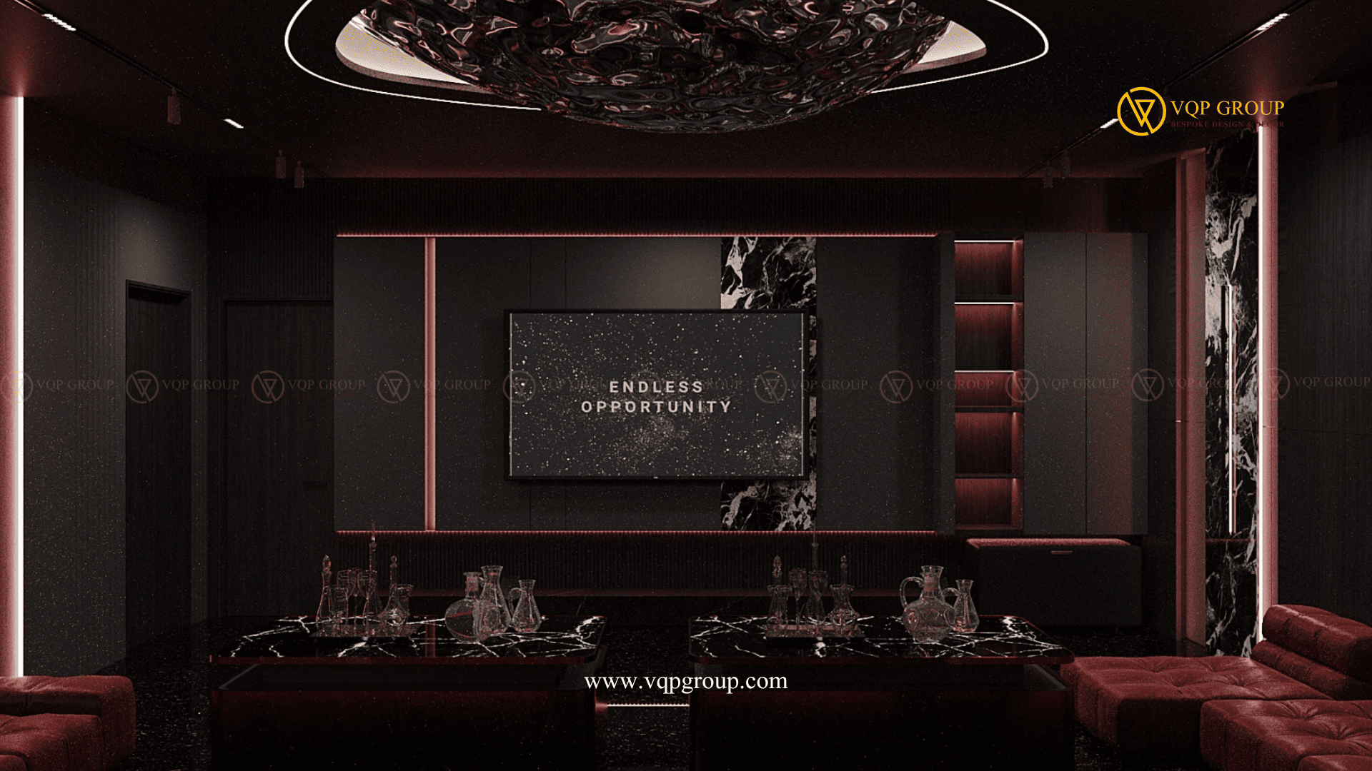Góc chính diện Private Karaoke Lounge StarLake với màn hình sofa burgundy và bàn đá đen