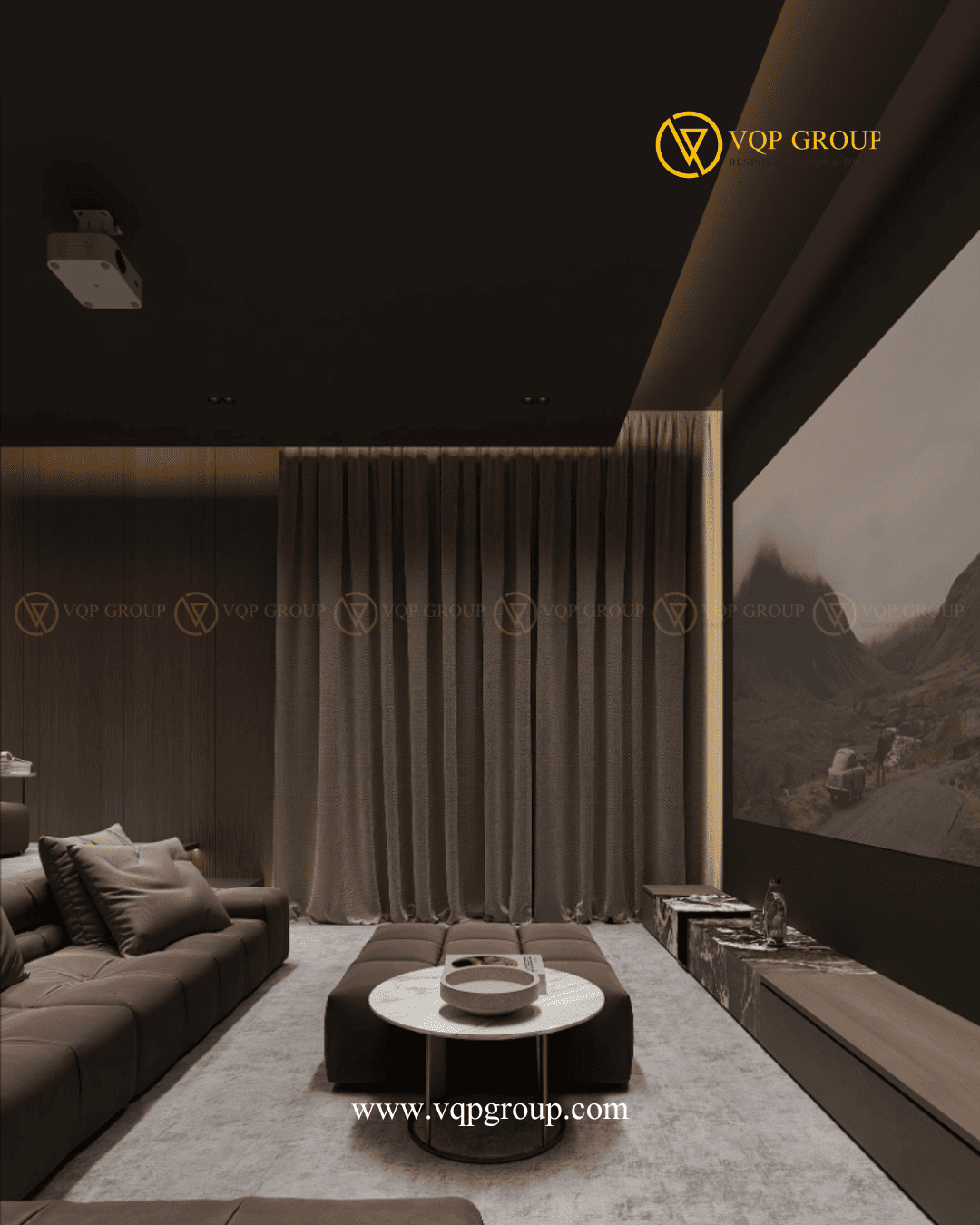 Kệ trang trí Home Cinema Azalea Homes bố trí cạnh màn chiếu