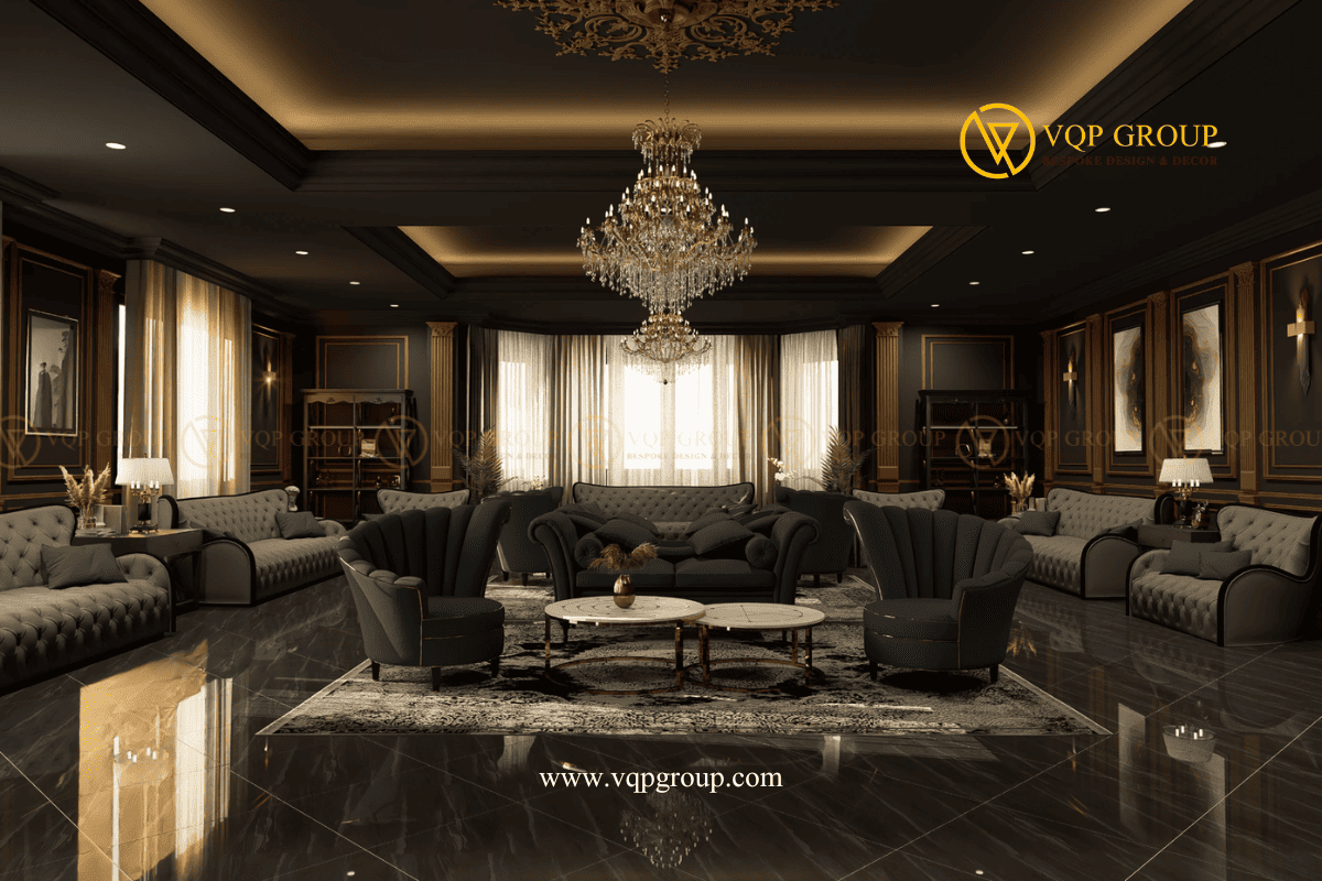 Không gian Lounge biệt thự Hoa Phượng Vinhomes Riverside với sofa và đèn chùm cao cấp