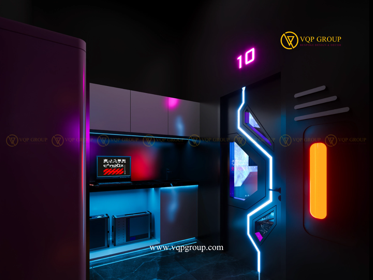Khu phụ trợ workstation Neon Galaxy Private Karaoke với cửa Futuristic và ánh sáng neon