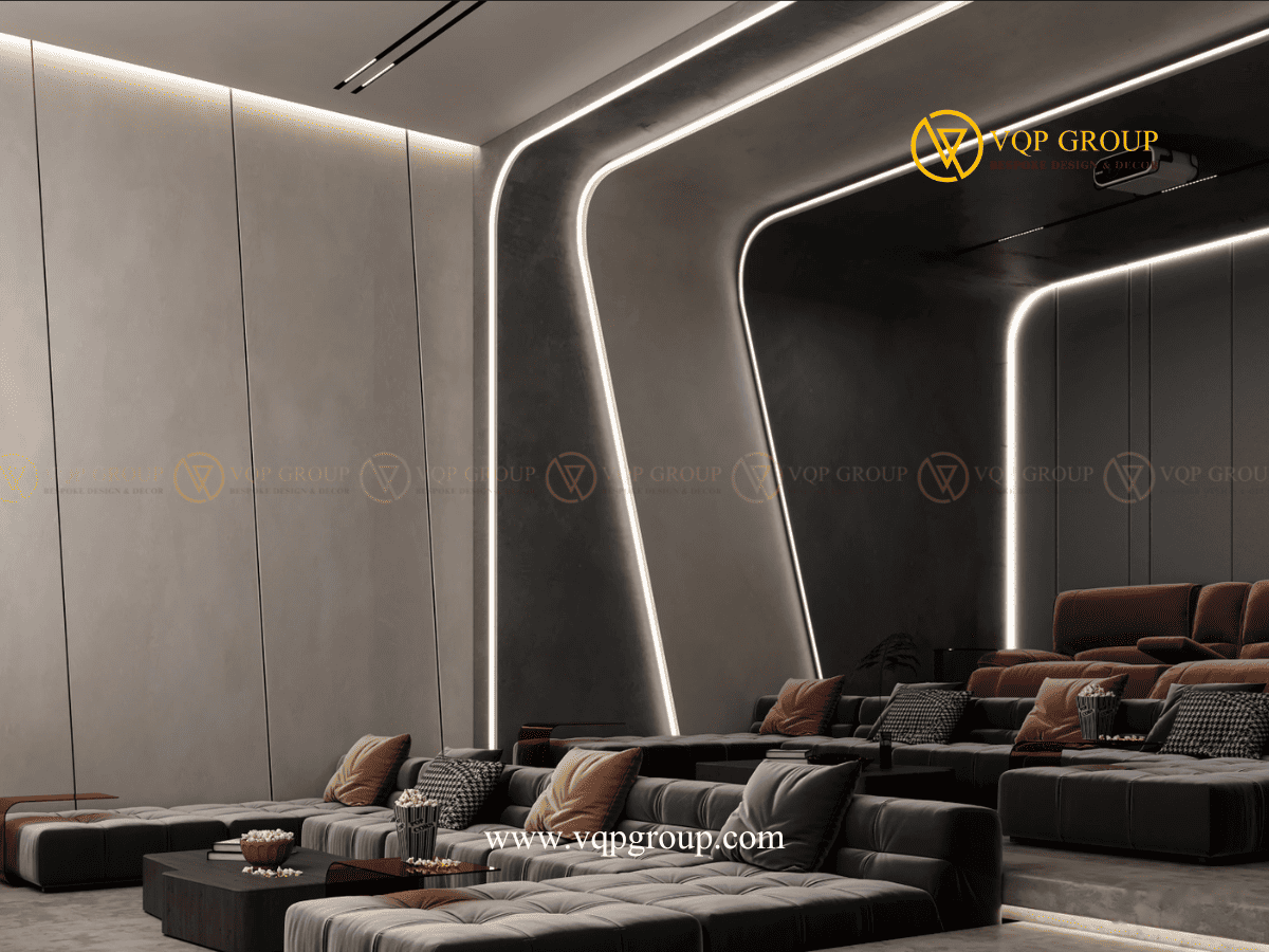 Khung ánh sáng bo cong Home Cinema Vinhomes Thăng Long kết hợp panel tường