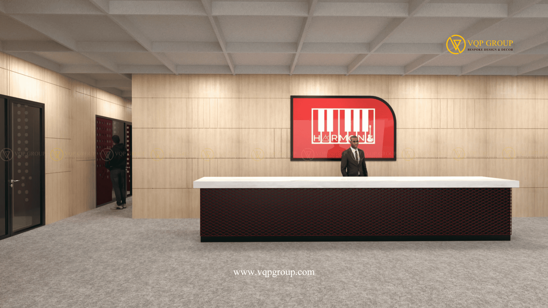 Khu lễ tân Music Class Acoustic Design với gỗ và burgundy