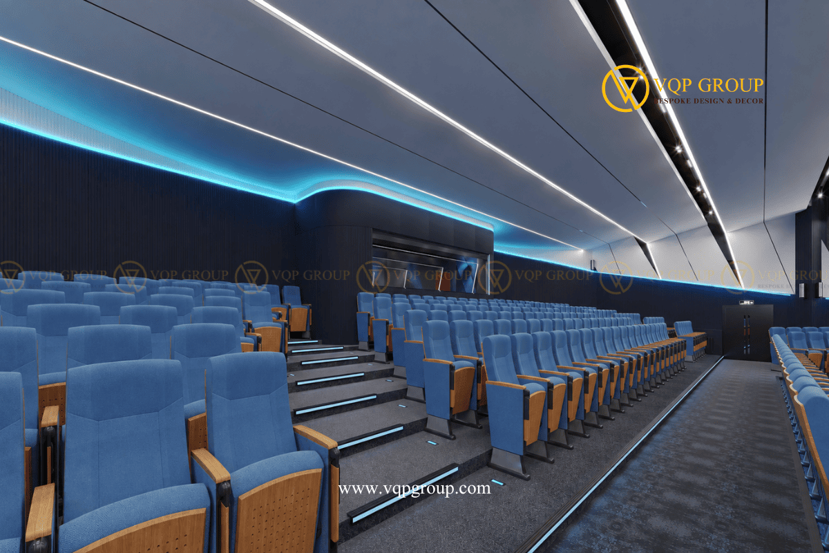Lối đi phân tầng và ghế khán phòng Future Acoustic Auditorium với đèn cyan
