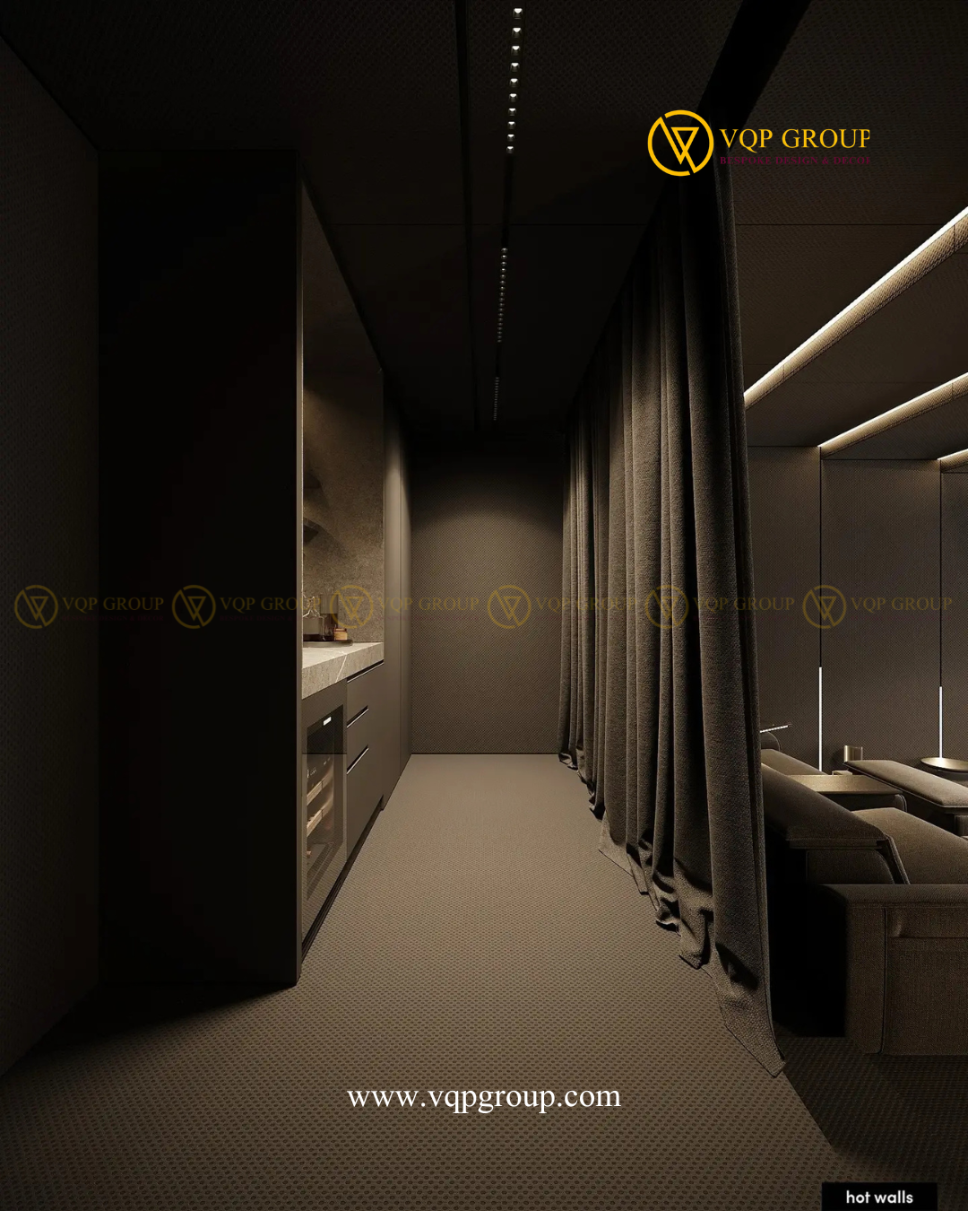 Lối đi và rèm tối màu DARK LUXE CINEMA Vinhomes Cổ Loa