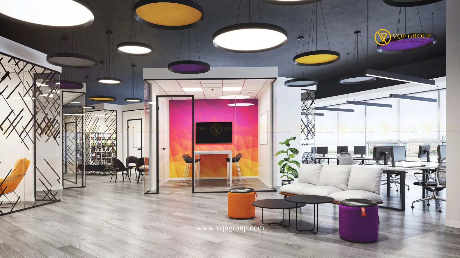 Lounge văn phòng hiện đại sử dụng acoustic lighting PET đa màu