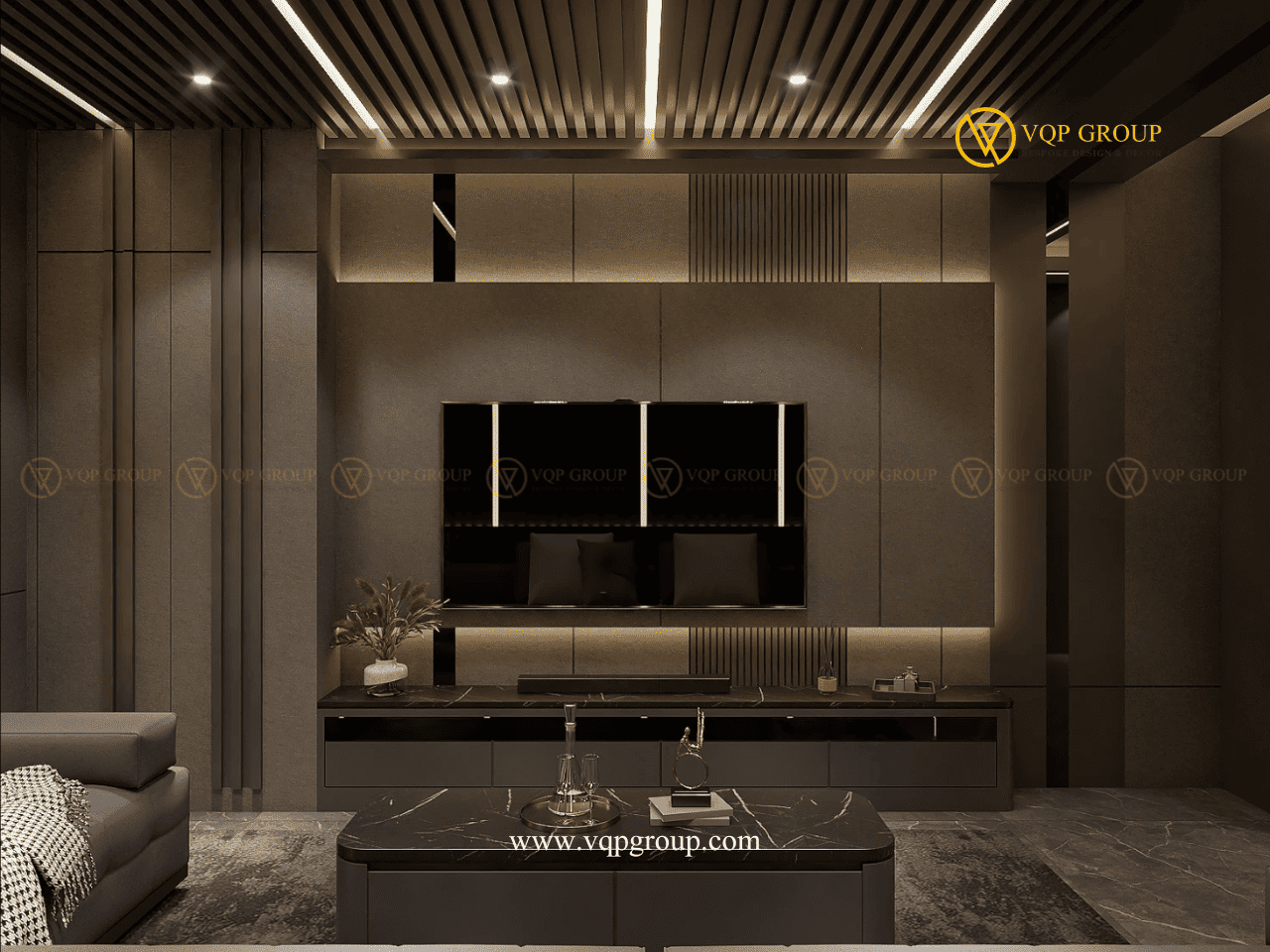 Media Wall Entertainment Room cao cấp với màn hình lớn và hệ tủ nội thất VQP GROUP