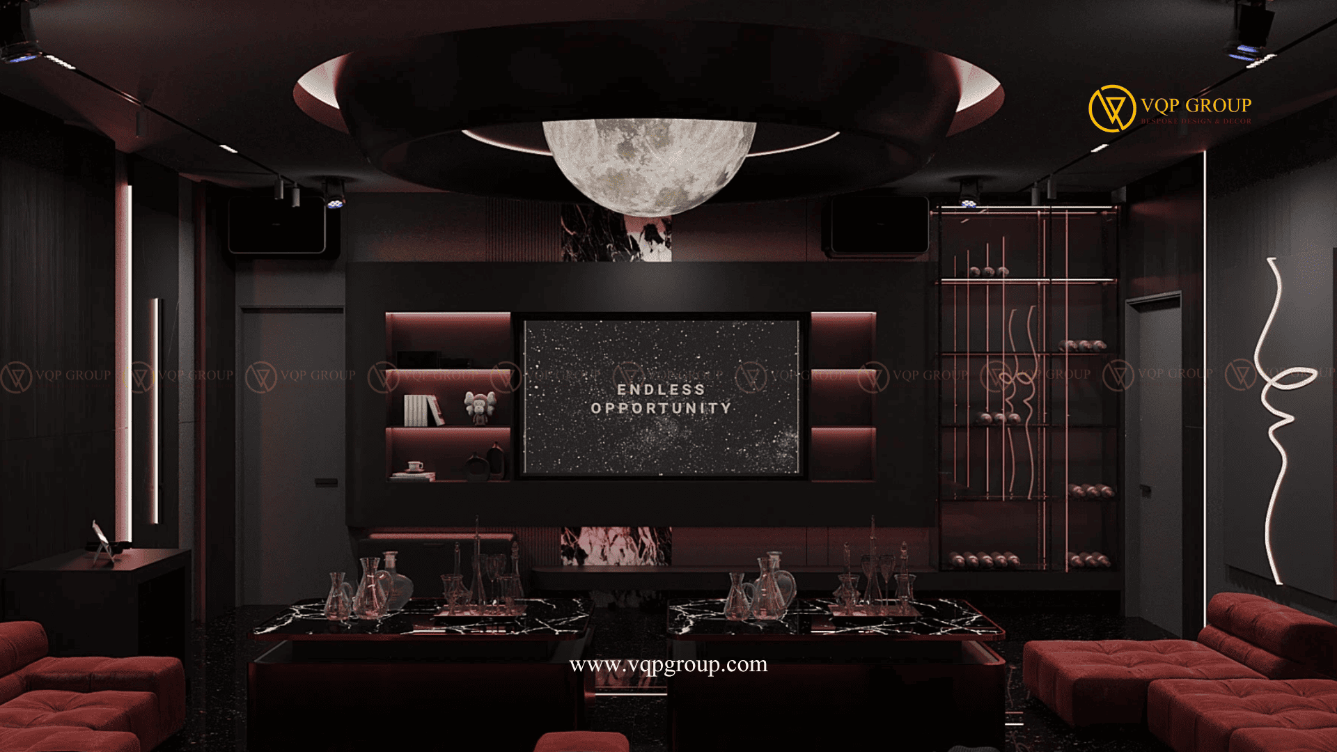 Media wall Lunar Private Karaoke Lounge Ciputra với mặt trăng trên trần và sofa burgundy