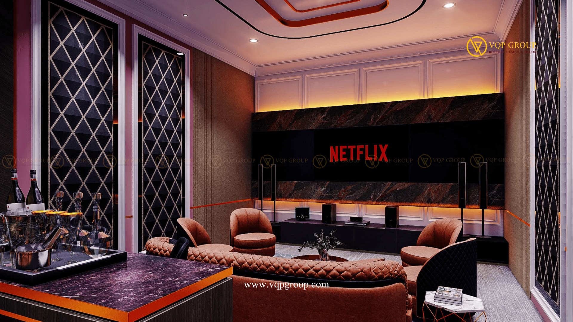 Media Wall Rosewood Cinema Lounge Vinhomes The Harmony với sofa lounge và hệ thống giải trí gia đình