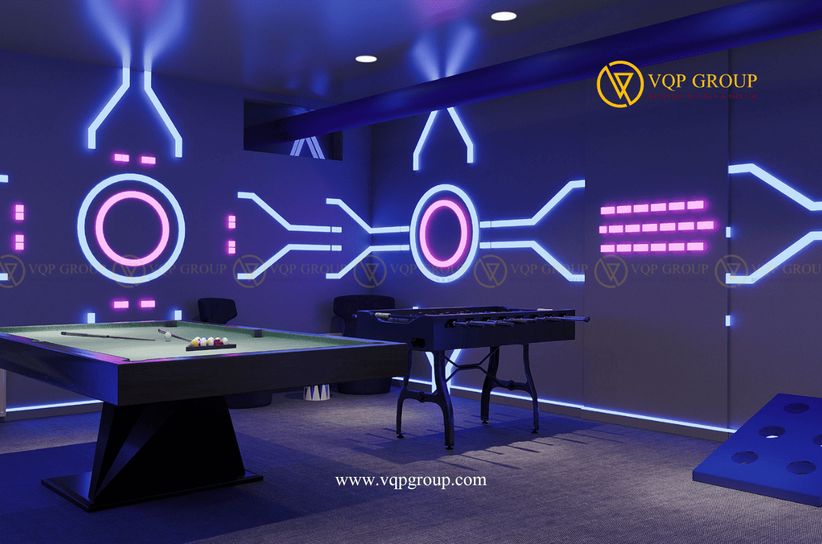 Neon Circuit Wall trong Private Game Lounge An Hưng Hà Đông với bàn billiards và foosball