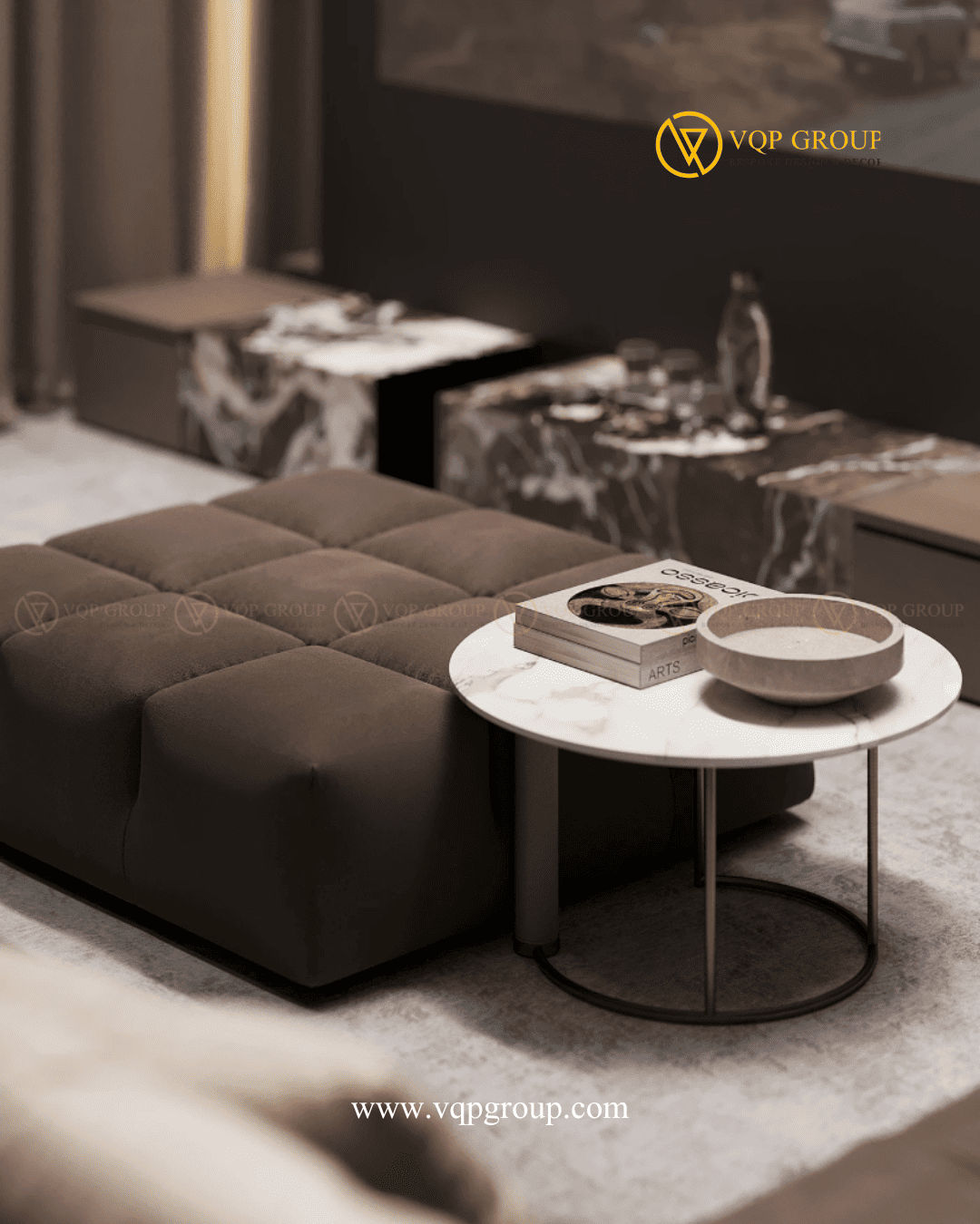 Chi tiết ottoman và bàn trà Family Lounge trong Home Cinema Azalea Homes Gamuda City