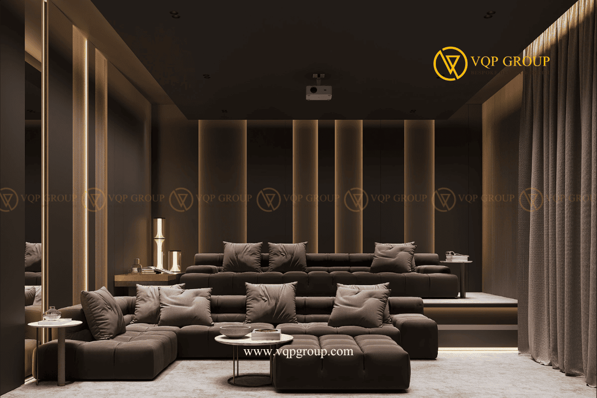 Hệ panel trang âm Home Cinema Azalea Homes kết hợp ánh sáng vàng